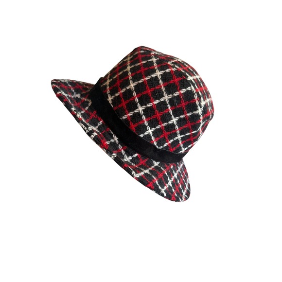 Liz Claiborne Accessories - Liz Claiborne Bucket Hat Red Black White Plaid Wool Velvet Band Floral Jewel